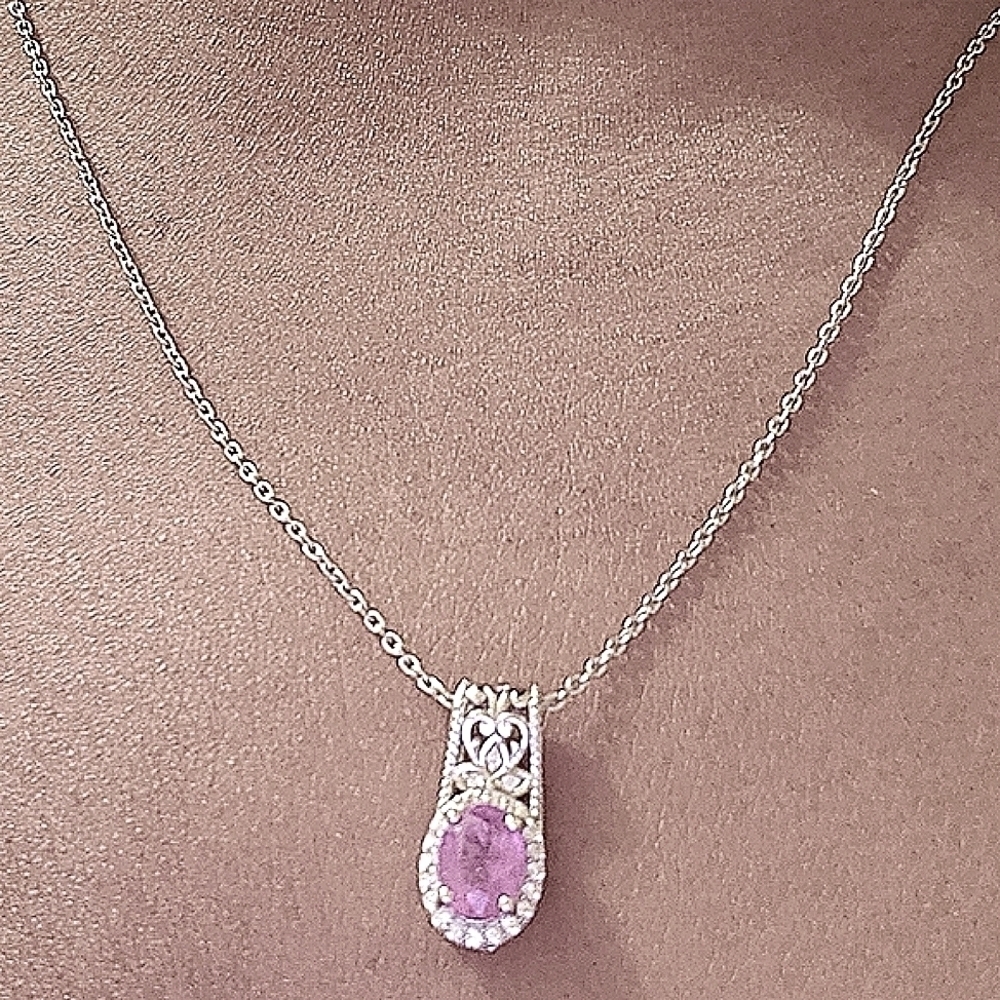 Ilikaka Hot Pink Sapphire Cambodian Zircon Pendant Necklace Platinum Plated - Picture 3 of 9
